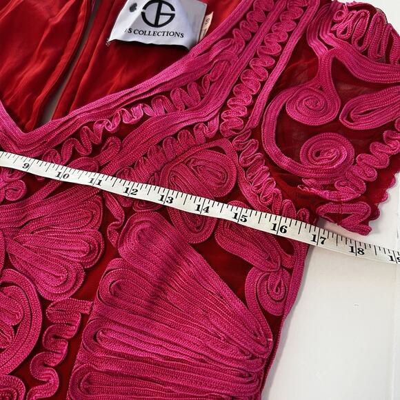 JS Collections Sz 10 Soutache Embroidered Tea-Length Midi Dress Red Hot Pink - Picture 9 of 11